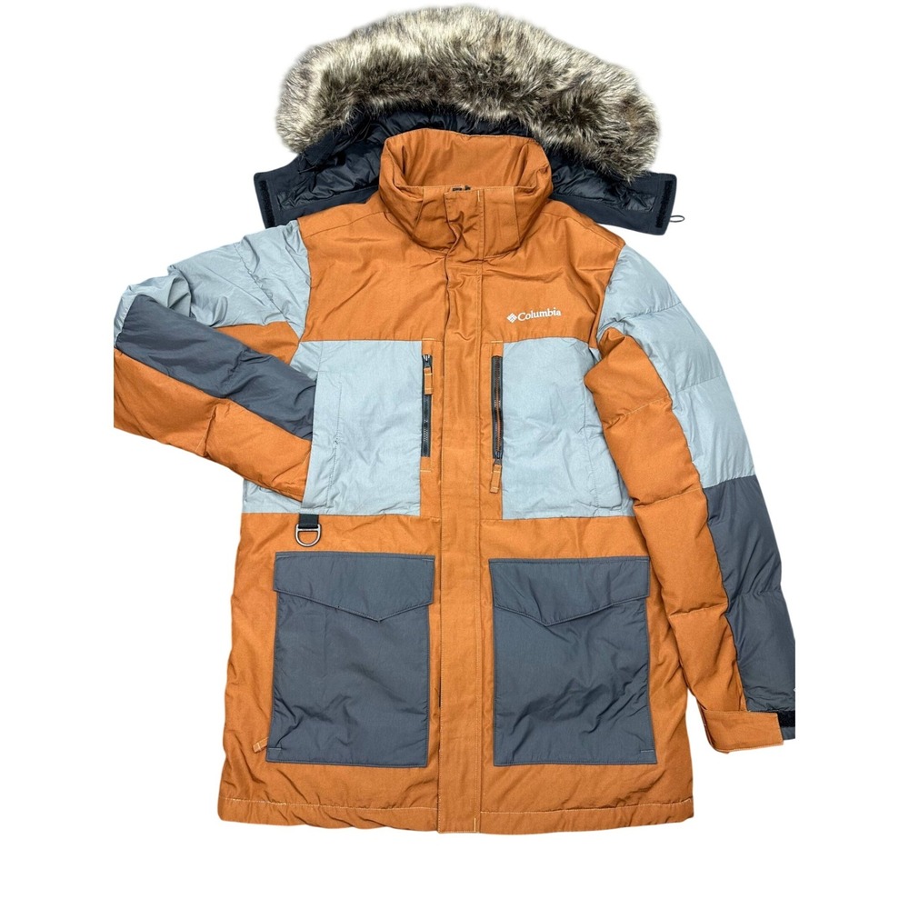 Columbia Omni-Heat Infinity Mens Parka Jacket Orange Grey Faux Fur Hood Medium